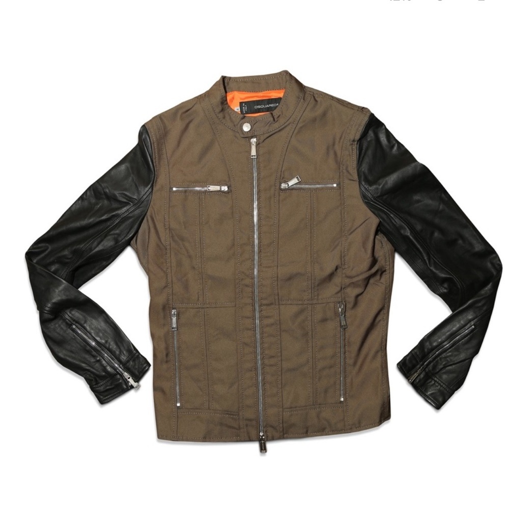 DSquared Moto Jacket Nylon Leather Black and Green Euro 46 US Medium (slim)